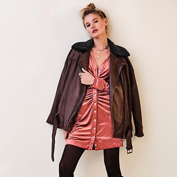 NWOT Free People Rori Slouchy Moto Genuine Leather Jacket with Sherpa Collar - Picture 2 of 9